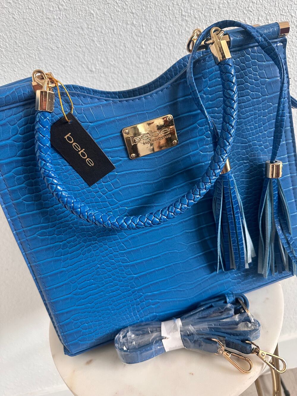 NWT bebe Natalie Croco Shopper Blue Faux Croc Tote Crossbody Bag $129